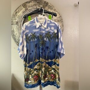 Pierre Cardin Blue and Green Tropical Print button up shirt